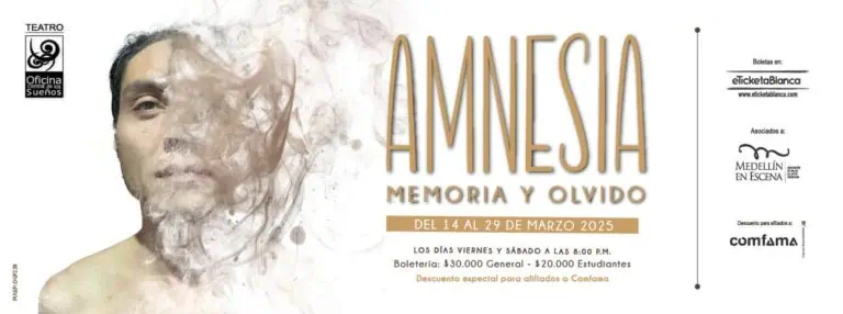Amnesia, Memory, and Forgetting: a theater poster in Medellín, a theater and drama event, theatrical work promotion, theater on stage, cultural activities in Medellín.