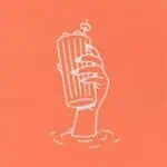 Main tenant une bombe nauséeuse dans un style d'illustration minimaliste, avec un fond de couleur corail.