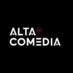 Logo ALTA COMEDIA avec un fond noir, du texte blanc et des détails rouges, représentant des événements de divertissement et de comédie en Colombie.