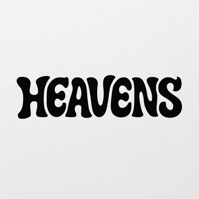 白色背景上以黑色迷幻风格字体呈现的“HEAVENS”字样设计。非常适合在社交媒体和活动网站上宣传活动、时尚或视觉艺术。