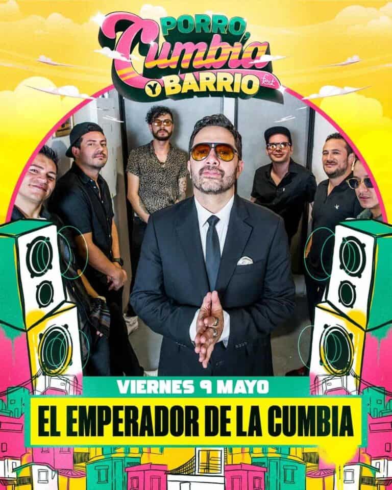 Porro, Cumbia y Barrio fest, evento musical con El Emperador de la Cumbia, artistas invitados y ambiente festivo, celebración en Bogotá, Colombia.
