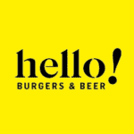 你好！汉堡和啤酒，采用醒目现代的设计，以明亮的黄色为背景。