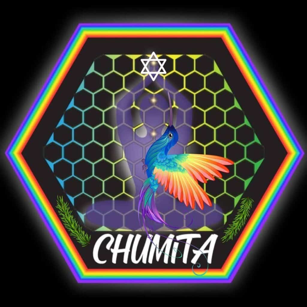 Colibrí colorido en diseño con hexágonos y elementos místicos, logotipo de Chumta, arte digital vibrante, ideal para eventos, comunidades creativas y cultura alternativa.