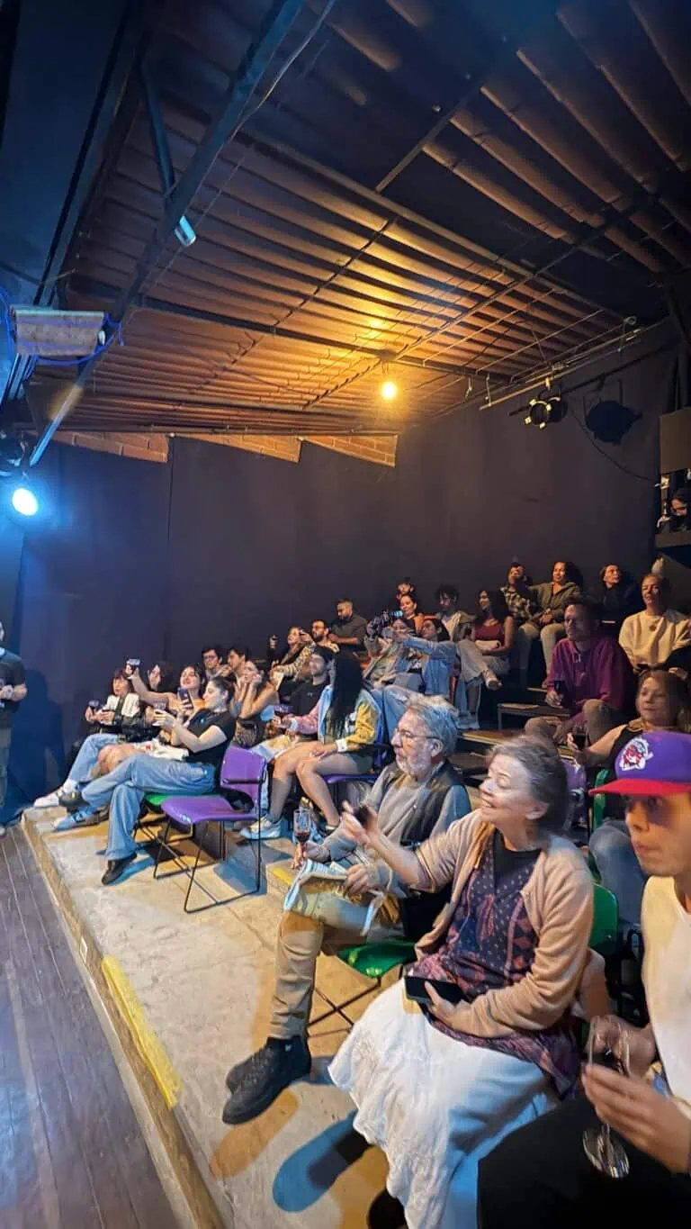 Assister à un événement avec un public diversifié dans un théâtre ou une salle de conférence, participer à une activité culturelle ou commerciale dans un environnement sombre avec éclairage de scène, favoriser le réseautage et l'engagement.