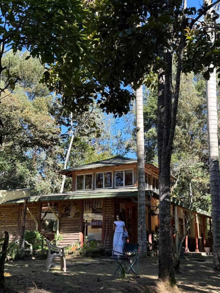 Casa ecológica en medio de la selva tropical con árboles altos y naturaleza exuberante en Co.