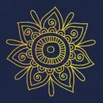 A golden mandala event on a dark blue background, an elegant and minimalist design to promote events in Colombia.
