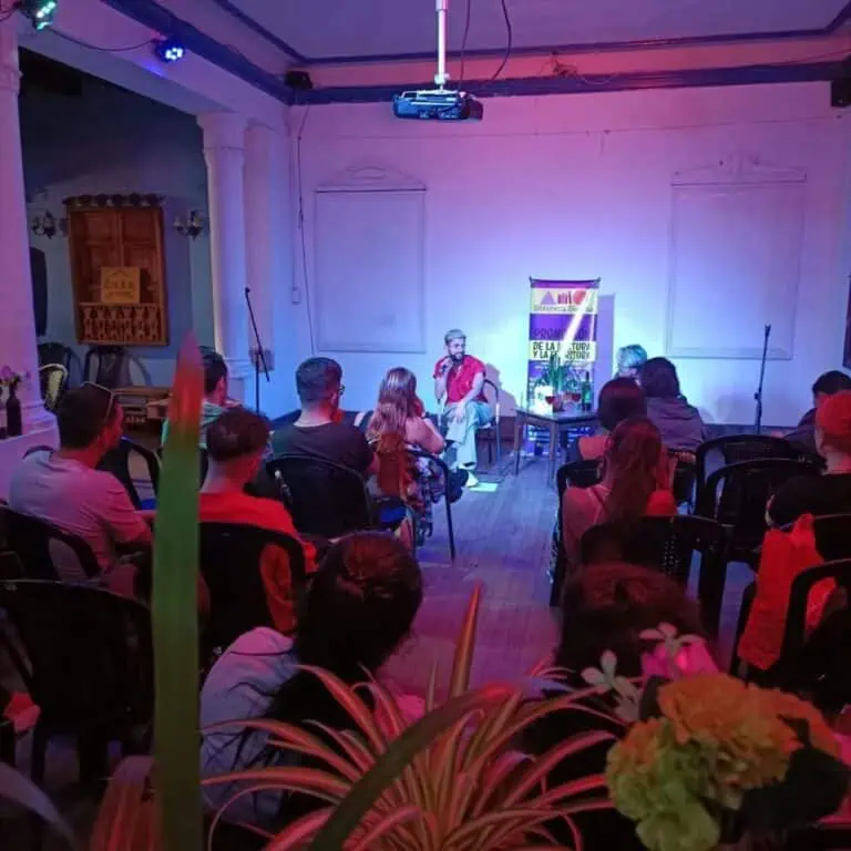 在会议室举行的文化活动中，演讲者面对着观众，室内氛围温馨，装饰充满艺术气息，他正在进行一场教育性演讲。