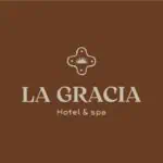 La Gracia Hotel Spa with a beige logo on a brown background. A hotel and spa environment for events and relaxation. Hotel business in Colombia. A luxury and wellness experience. La Gracia Hotel and Spa logo.