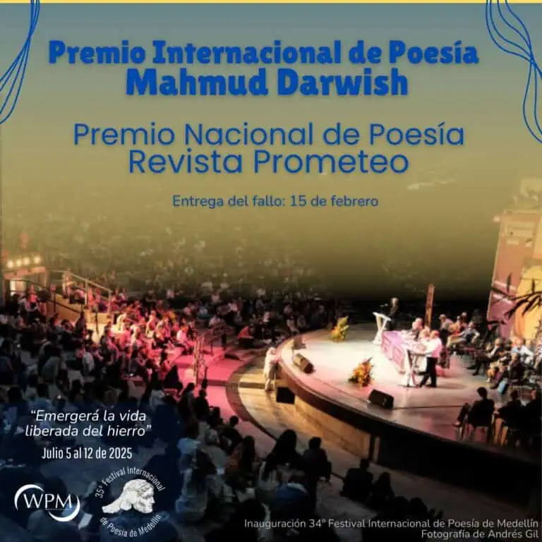 Prix ​​international de poésie Mahmud Darwish et Prix national de poésie du magazine Prometeo à Medellín, un événement culturel avec des prix, des récitals et une cérémonie de remise de prix dans un auditorium bondé.