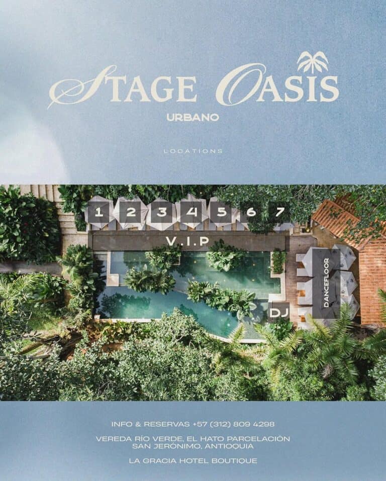 Pileta principal con zonas para eventos y área VIP en un entorno tropical. Espacio para bodas, fiestas y reuniones en Vereda Río Verde, El Hato, Antioquia, con servicios de hotel boutique.
