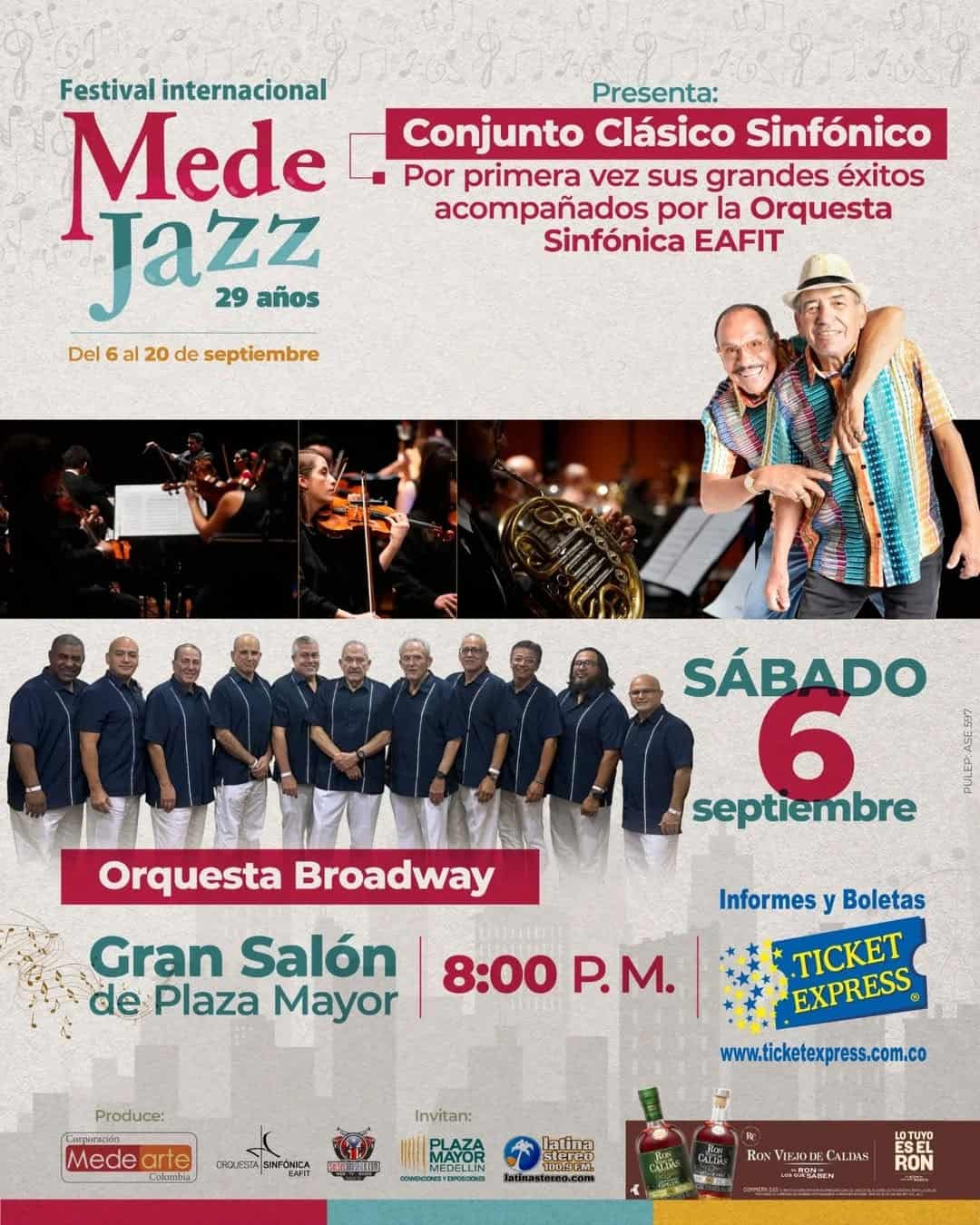 Muestra de un concierto del Conjunto Clásico Sinfónico de la Orquesta Sinfónica EAFIT en un festival internacional de jazz en Medellín, con músicos tocando instrumentos en escenario.