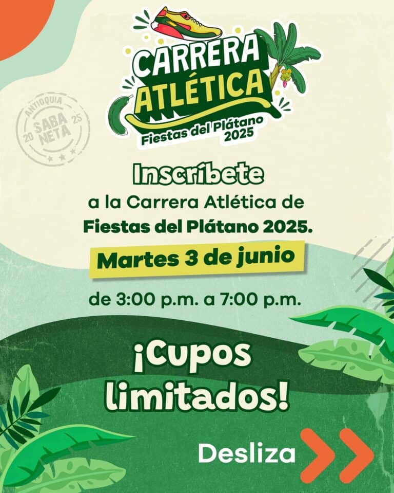 Carrera atlética Fiesta del Plátano 2025 en Antioquia, inscripción abierta, evento deportivo en junio, con cupos limitados, promoción en redes sociales, enfoque en salud y bienestar, celebración cultural y deportiva.