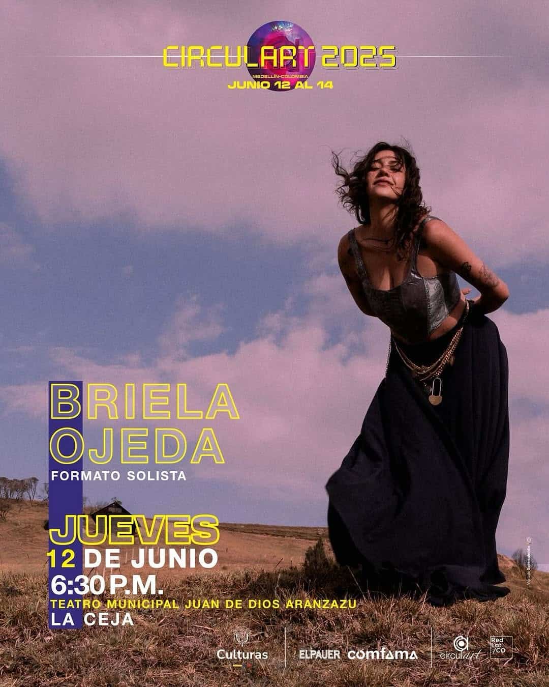 Briela Ojeda artista en concierto en Medellín en el evento Círculo Art 2025, promoción de música en vivo y cultura, en teatro municipal Juan de Dios Aranzazu, Jueves 12 de junio, 6:30 p.m.