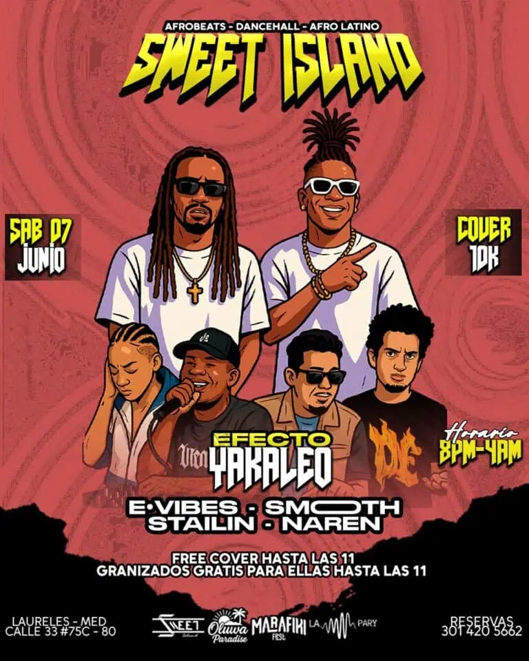 Eventos musicales en Medell&iacute;n, concierto de AfroLatino y dancehall en Sweet Island, artistas como E.VIBES, SMOTH, STAILIN, NAREN, con cover de 10k y promoci&oacute;n de entradas, en un ambiente de fiesta y cultura latina.