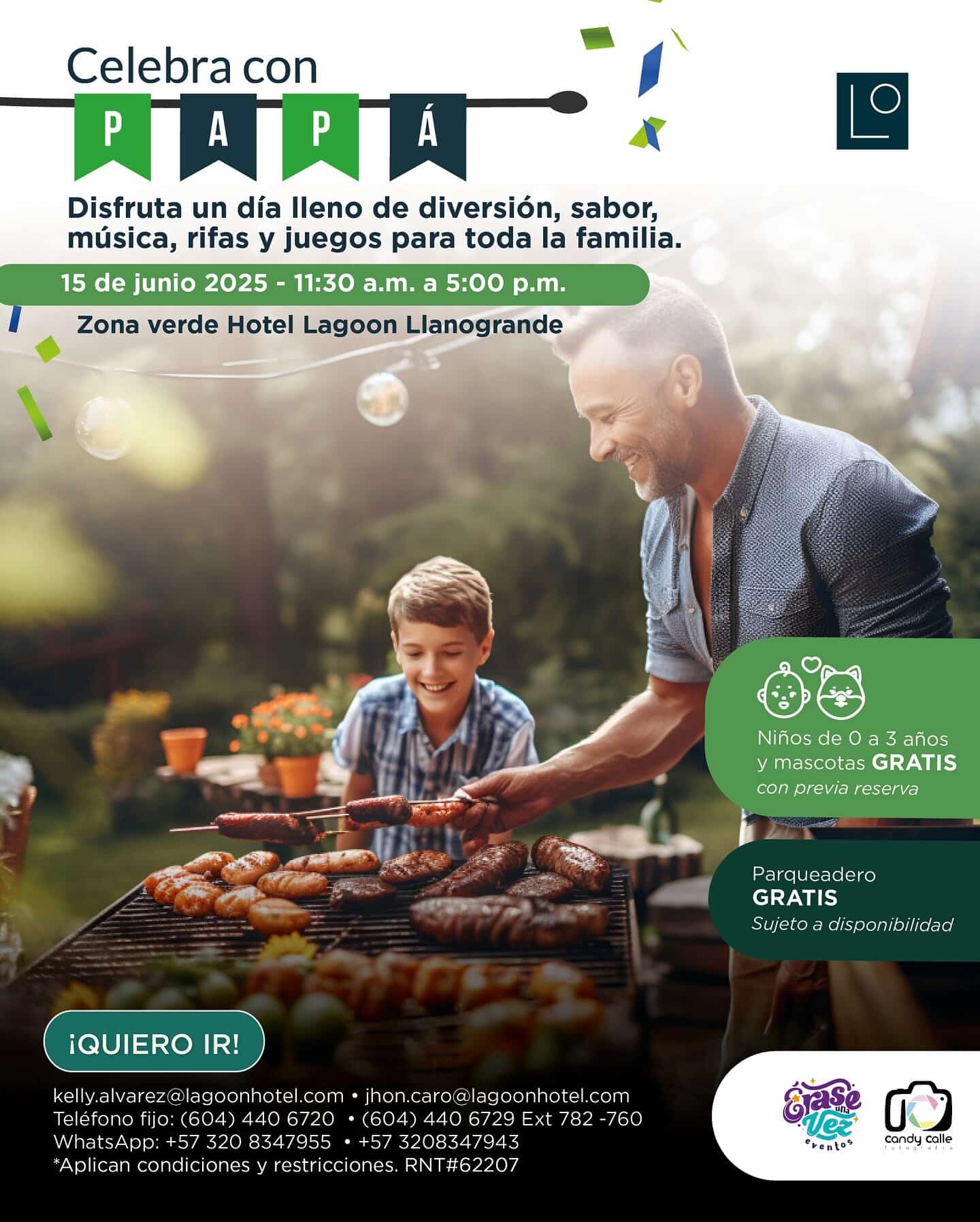 Barbacoa en evento familiar con niños y mascotas gratis en Hotel Lagoon Llanogrande, celebración del Día del Papá con actividades, música, rifas y juegos para toda la familia en junio de 2025.