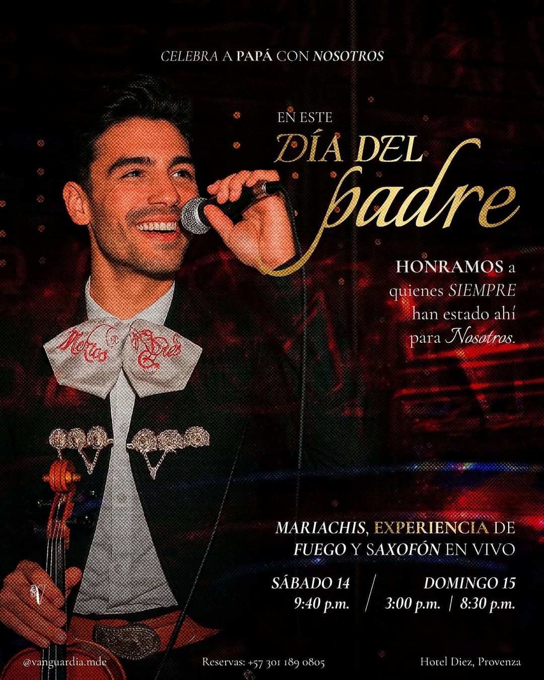 Celebración del Día del Padre en Hotel Diez, experiencia con mariachis en vivo, fuegos artificiales y saxofón, evento especial para honrar a los papás en Medellín, Colombia.