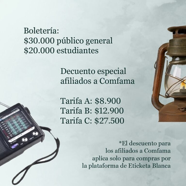 Tarifa de boletos de eventos con precio para público general y estudiantes, y descuentos exclusivos para afiliados a Comfama, ideal para optimizar la venta de entradas en plataformas de eventos.