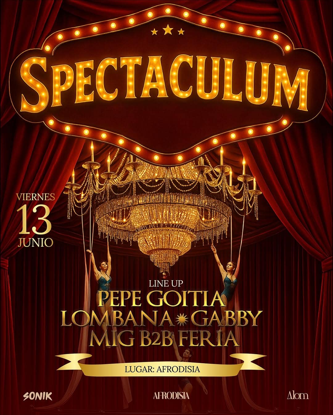 Espectáculo en vivo con artistas y shows en un escenario con cortinas rojas y candelabros de cristal, promocionando un evento de entretenimiento en Afrodisia.