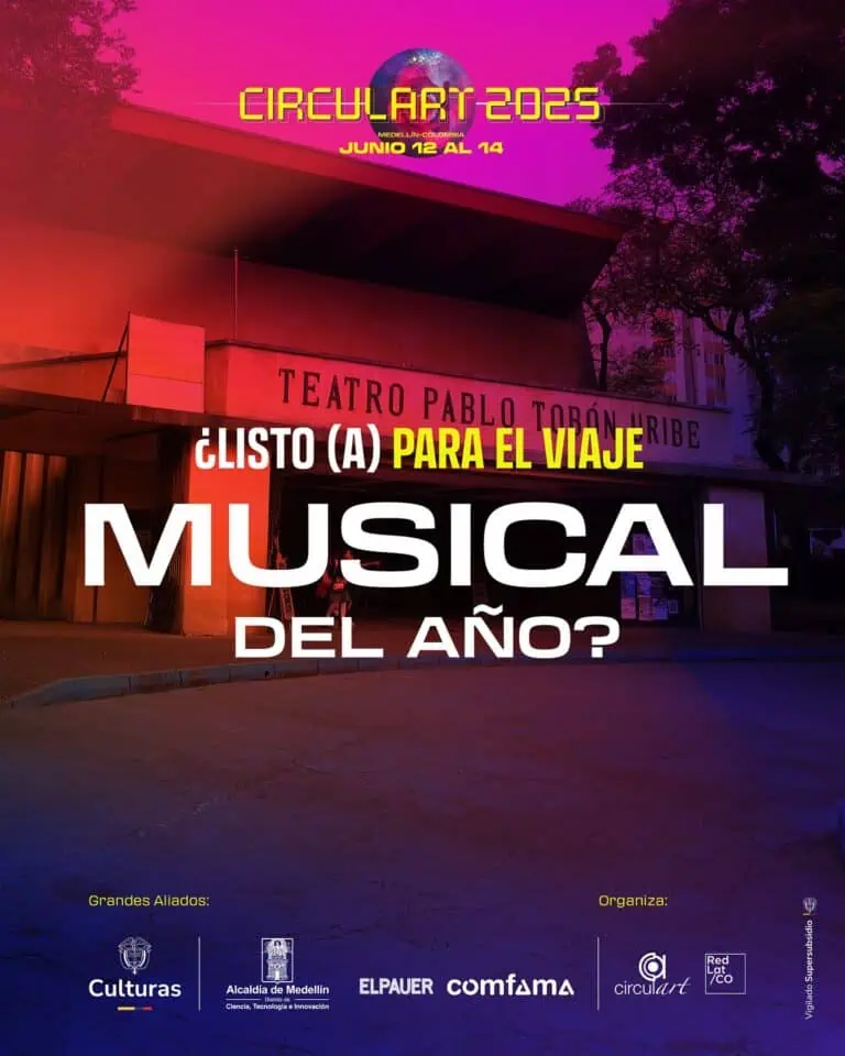 Eventario cartel de evento de Circulart 2025 en Medellín, Colombia, resaltando fechas y música del año.