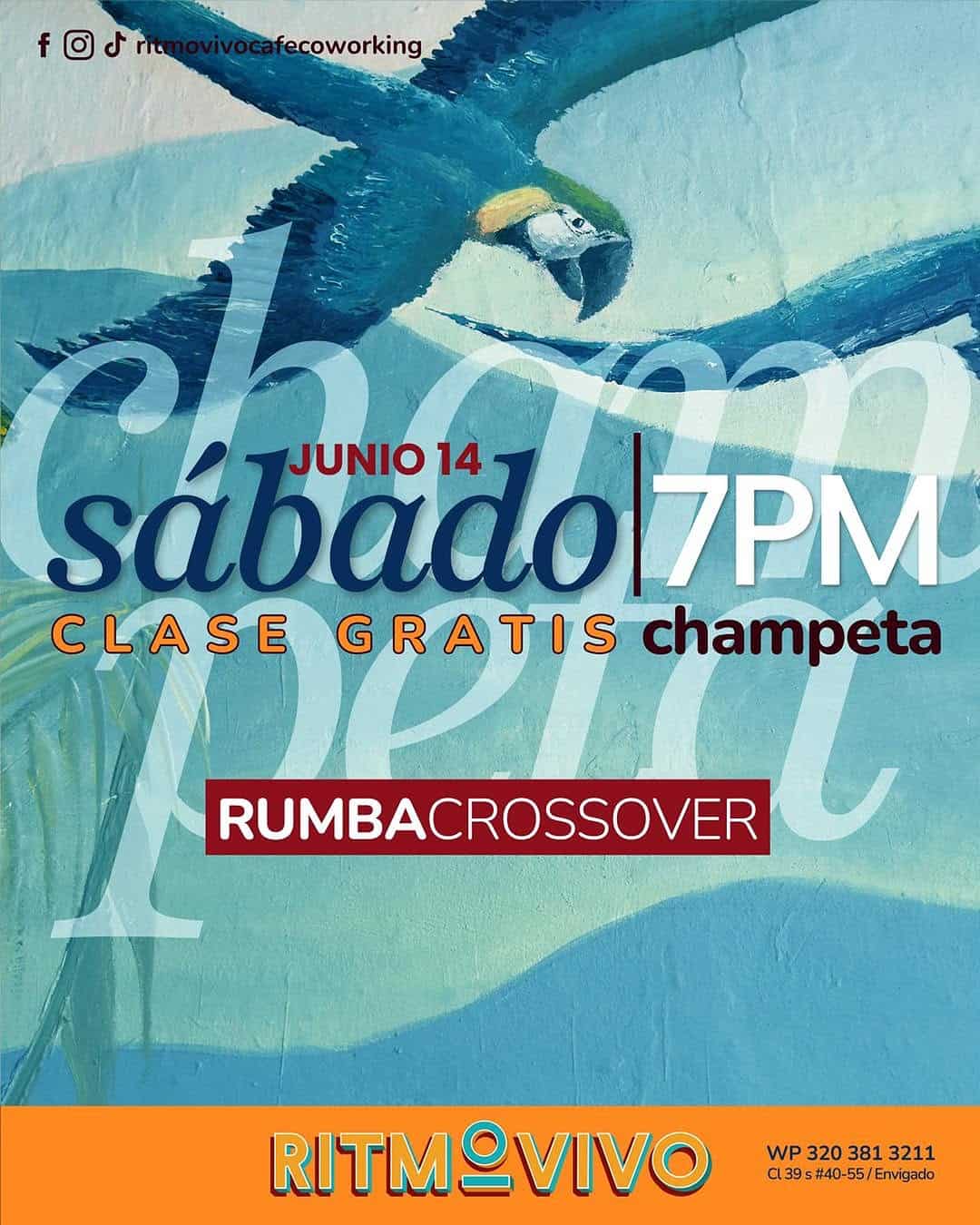 Pintura mural de loro en tonos azules y verdes promocionando clase gratuita de rumba crossover en evento de junio 14, a las 7 pm en Ritmo Vivo.