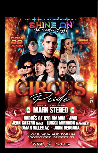 Espectáculo de circo y música en vivo en el Circus Pride Fest en Viva Auditorio con artistas destacados como Mark Stereo, Andre ZB, Jemo Castro y Luigi Miranda.