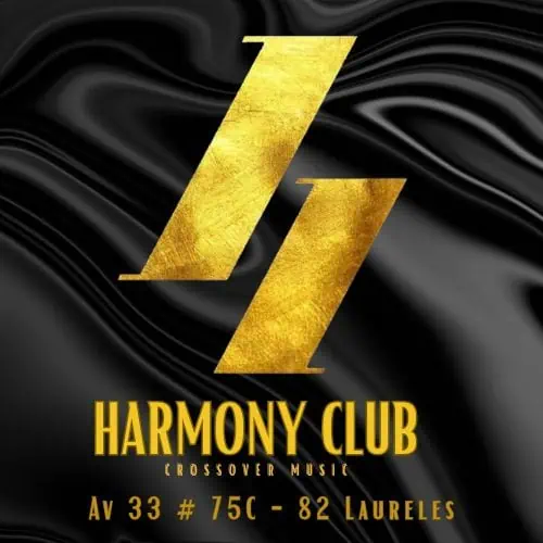Scritte dorate ed elegante sfondo nero testurizzato per l'evento musicale dell'Harmony Club Laureles.