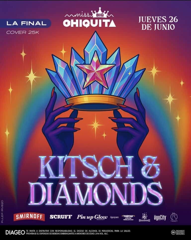 Kitsch y Diamonds concierto en Bogotá, cartel vibrante con manos sosteniendo un diamante brillante y estrellas, promoción del evento musical en junio en formato digital.