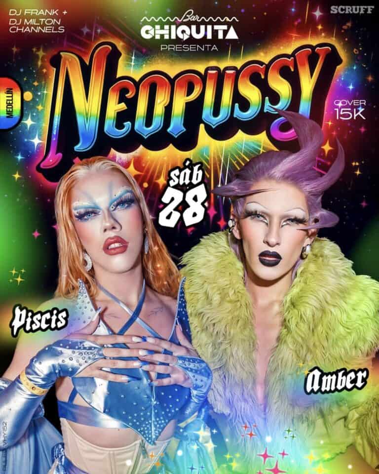 Noche de Neopussy en Medellín con artistas y espectáculo de drag queens, fiesta temática LGBT, evento para la comunidad en Colombia, fiesta de disfraces y música en vivo, celebración inclusiva.