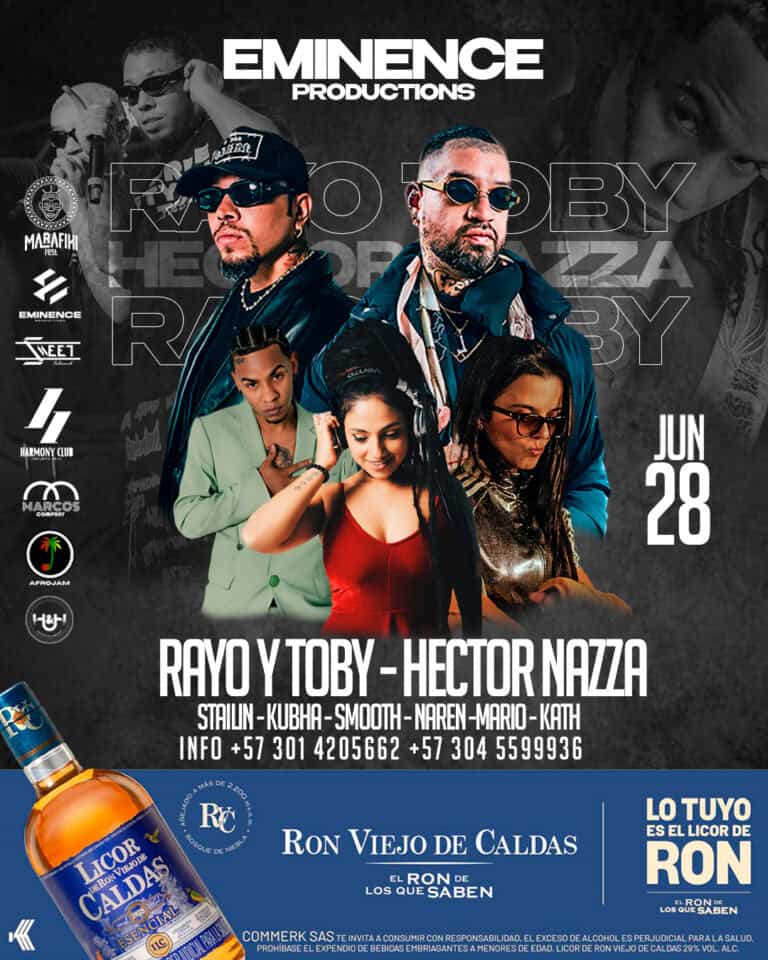 Festival de música y eventos en Bogotá con artistas como Rayo y Toby, Hector Nazza, y más, organizado por Emince Productions, el 28 de junio en Ron Viejo de Caldas, con bebidas alcohólicas disponibles para mayores.