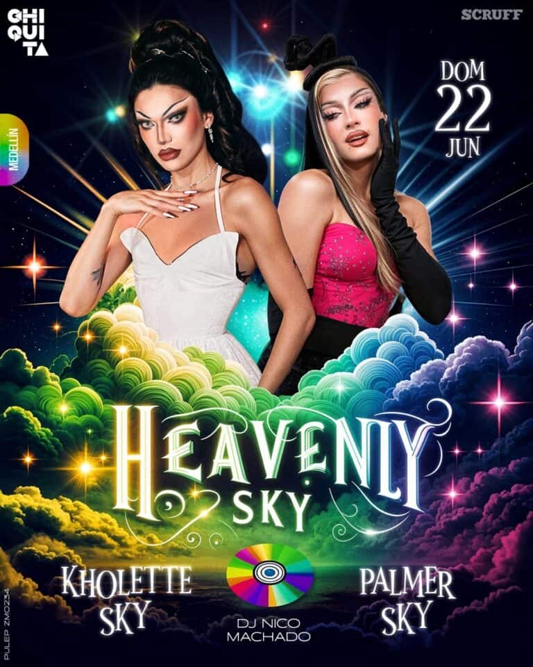 Vestido blanco y vestido rosa de noche con temática de música y ocio, publicidad de evento en Fecha 22 de junio en Medellín.