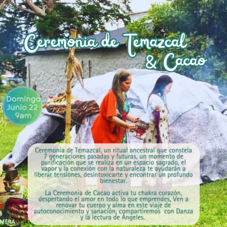 Ceremonia ancestral de Temazcal y cacao en un espacio sagrado que conecta con la naturaleza para liberar tensiones, purificar y encontrar bienestar a través de rituales ancestrales.
