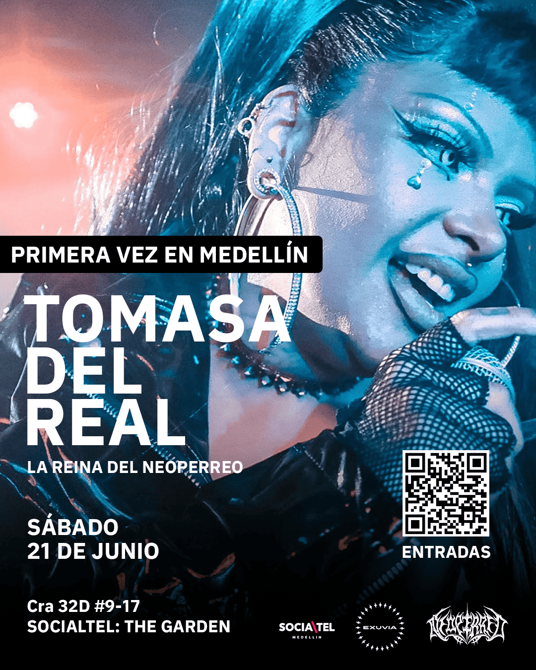Toma del reina del neoperreo en Medellín, evento de música urbana con artistas como Tomasa del Real, en Socialtel: The Garden, con detalles en colores neón y estilo underground.
