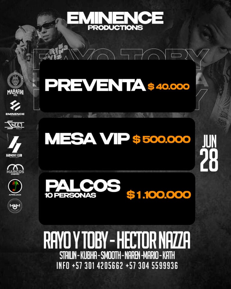 Preventa entrada evento musical Eminence Productions en Bogotá, Colombia, con opciones de alimento VIP y Palcos para grupos, el 28 de junio, en un ambiente de concierto y fiesta.