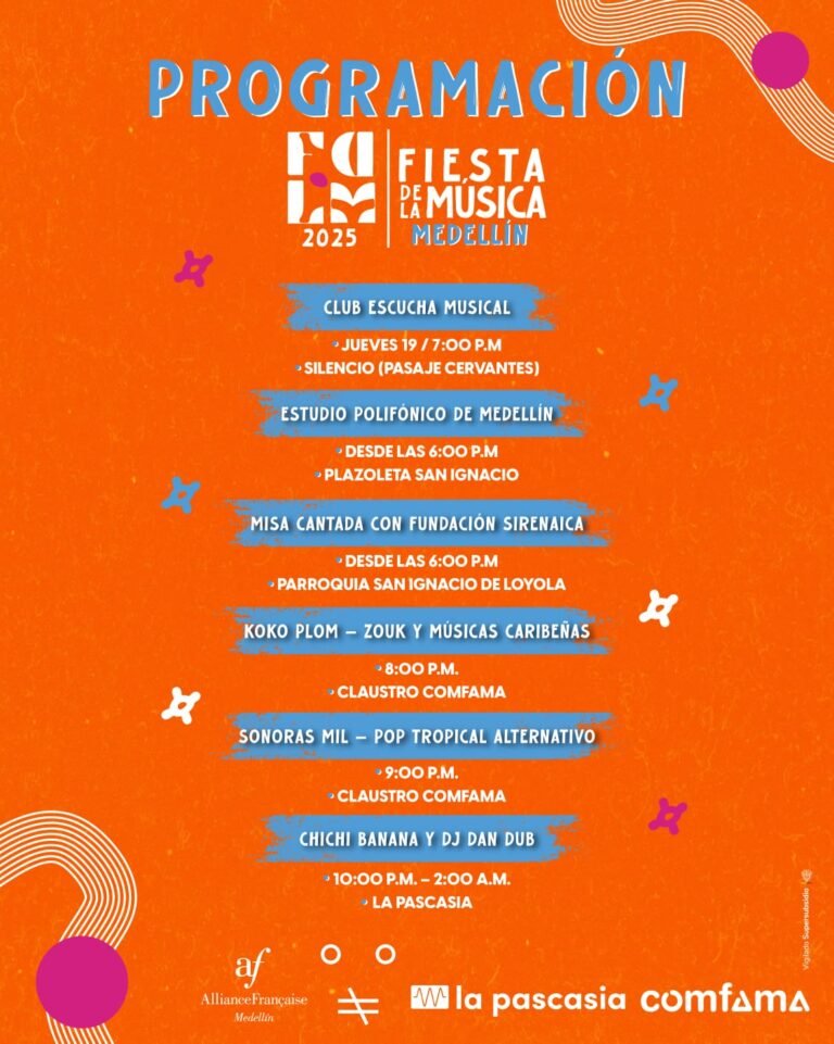 Fiesta de la M&uacute;sica Medell&iacute;n programa de eventos y horarios, con conciertos en clubes y iglesias, destacando artistas como Koko Plom y DJ Dan Dub, en un calendario cultural vibrante y festivo.