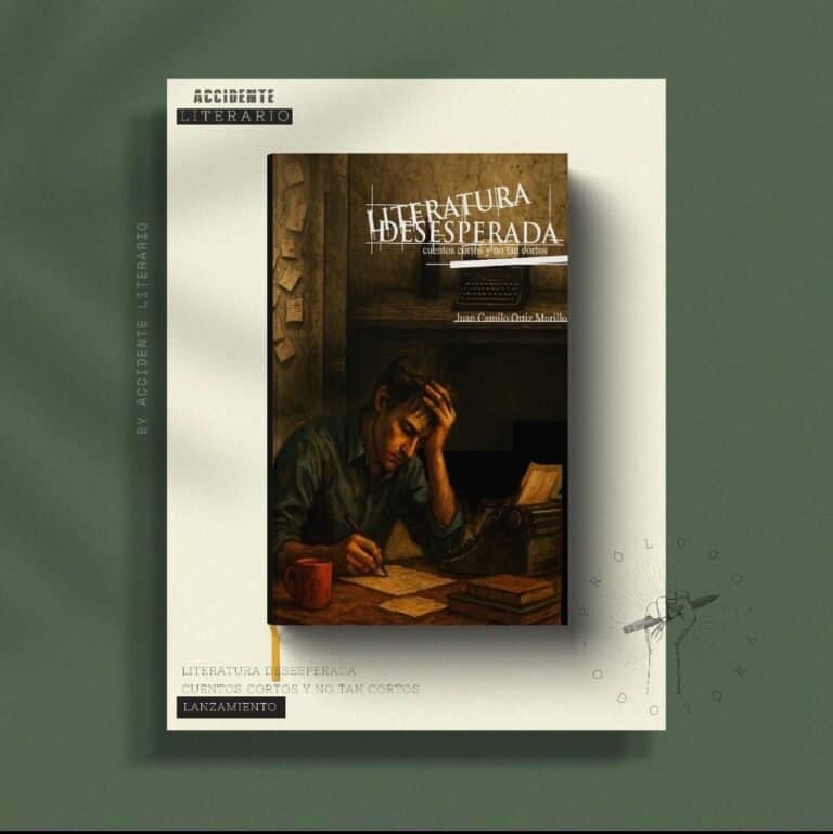 Libro "Literatura Desesperada" de Juan Camilo Ortiz Murillo, con cuentos cortos y no tan cortos, en un diseño artístico que invita a explorar la literatura y la creatividad.