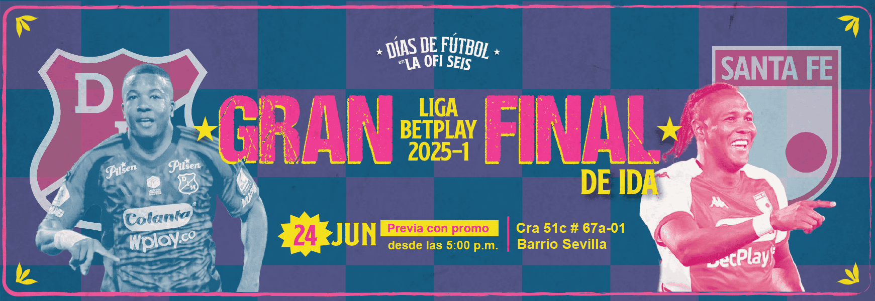 Jugadora de fútbol en celebración en un evento deportivo en Santa Fe, promoción de la final de la Liga Betplay 2025-1, Día de fútbol en La OFI Seis, evento en Barrio Sevilla, fecha 24 de junio, promoción previa con código, desde las 5 p.m.