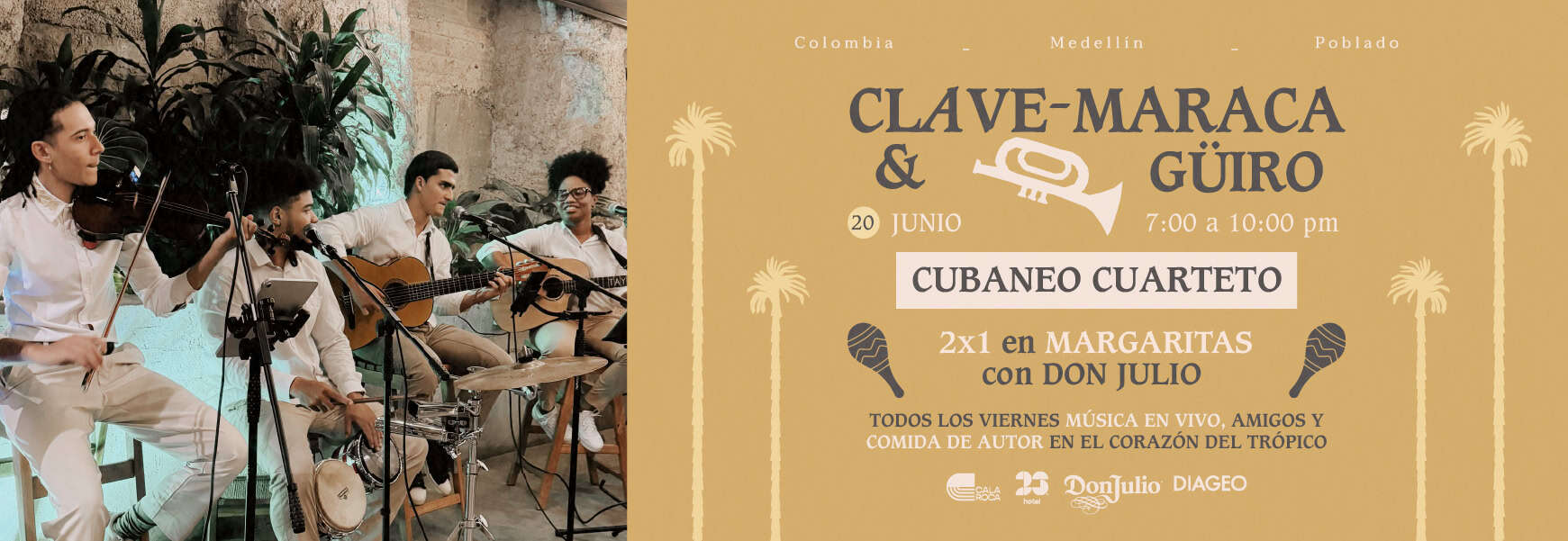 Claves de marca y música en vivo en un concierto en un espacio con decoración moderna y natural.