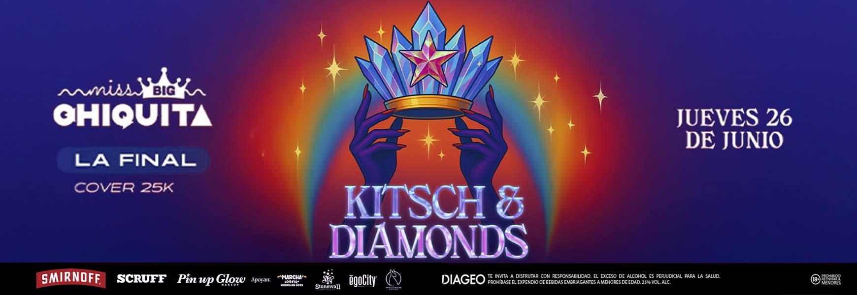 Brillo y colorido en cartel de evento musical, con manos sosteniendo un diamante con estrellas, presentación de "Kitsch & Diamonds" en evento en Bogotá, con fecha y detalles del cover.