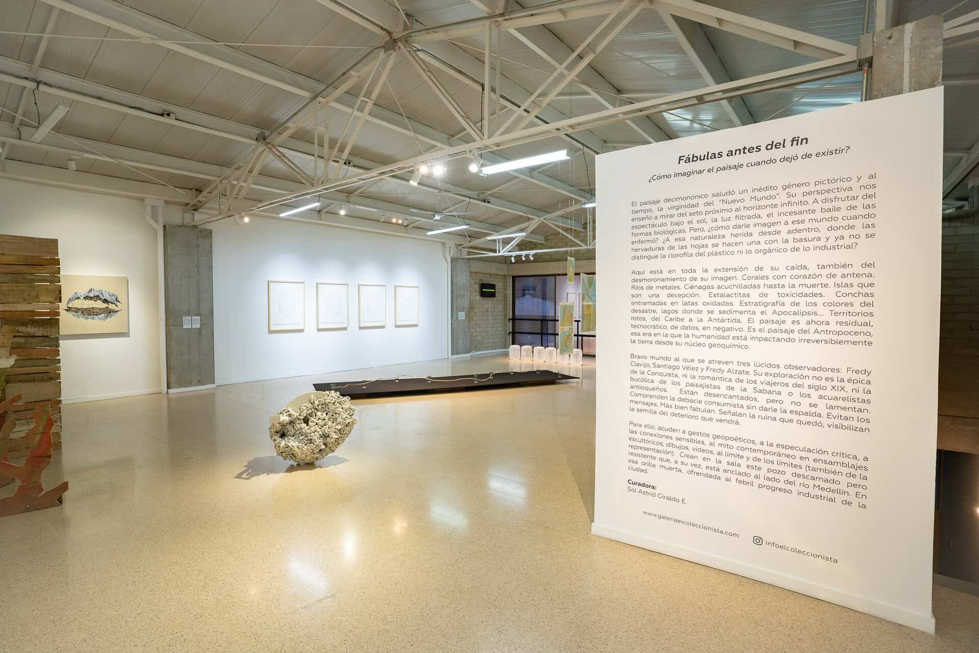 Paisaje de exhibición artística moderna y contemporánea en galería de arte, con textos explicativos sobre conceptos de naturaleza y paisaje, exposición de obras únicas y reflexivas sobre el medio ambiente y el tiempo.