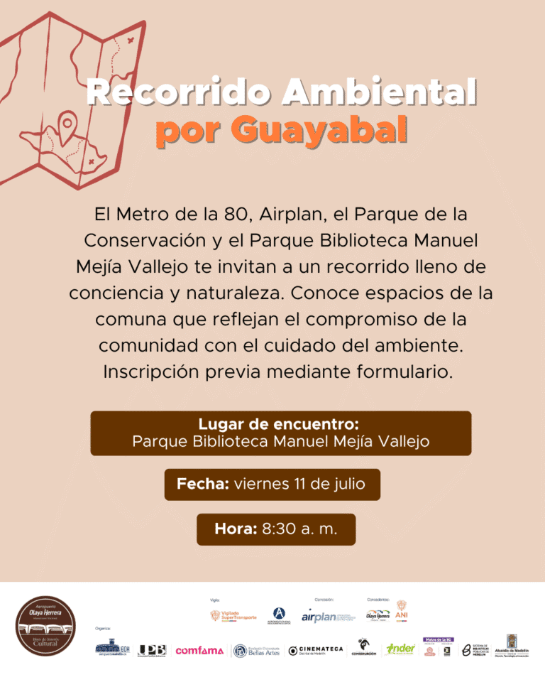 Recorrido ambiental por Guayabal, invitación a un recorrido por espacios que reflejan conciencia, naturaleza y compromiso con el medio ambiente en parques y bibliotecas de Medellín, con inscripción previa.
