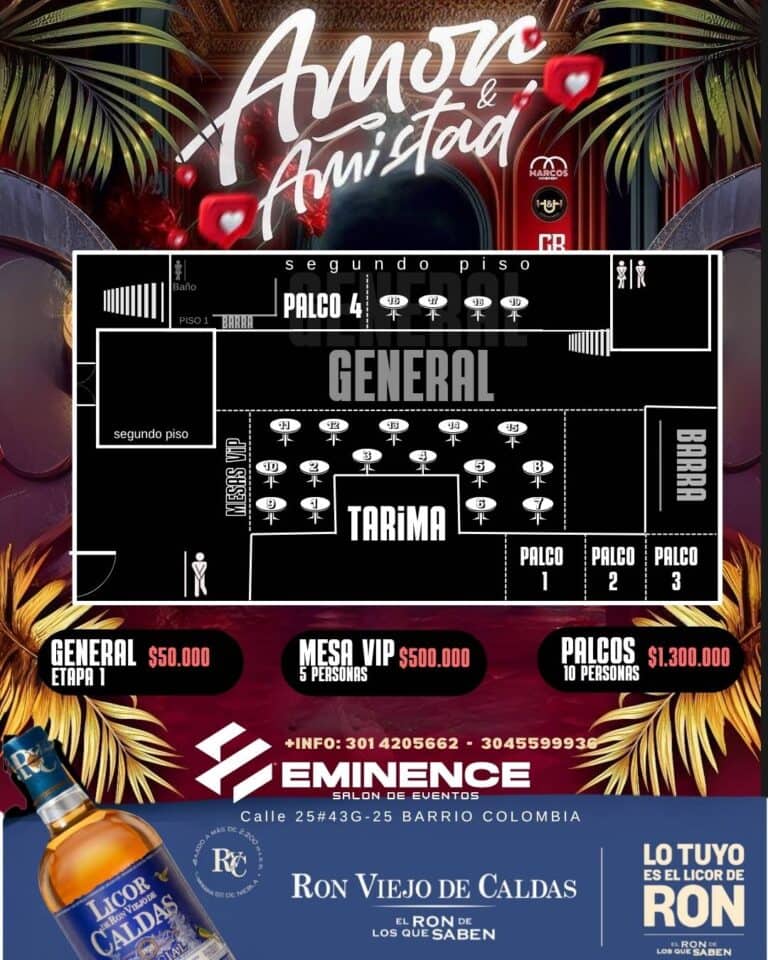 Bebida y ambiente de evento de celebración, con plano del orden de los asientos para un concierto o fiesta en el salón de eventos Eminence en el barrio Colombia.