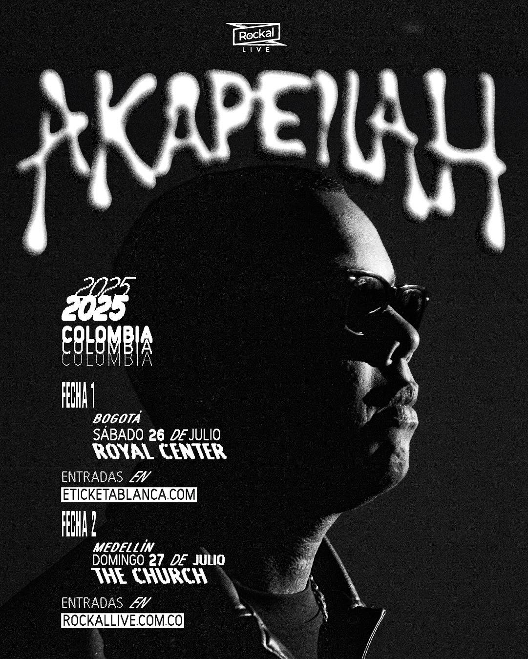 Asbestos, persona con gafas oscuras y cabello corto en evento musical Rockal Live, promocionando conciertos en Colombia en julio de 2025, cartel en negro y blanco, estilo artístico llamativo y moderno.