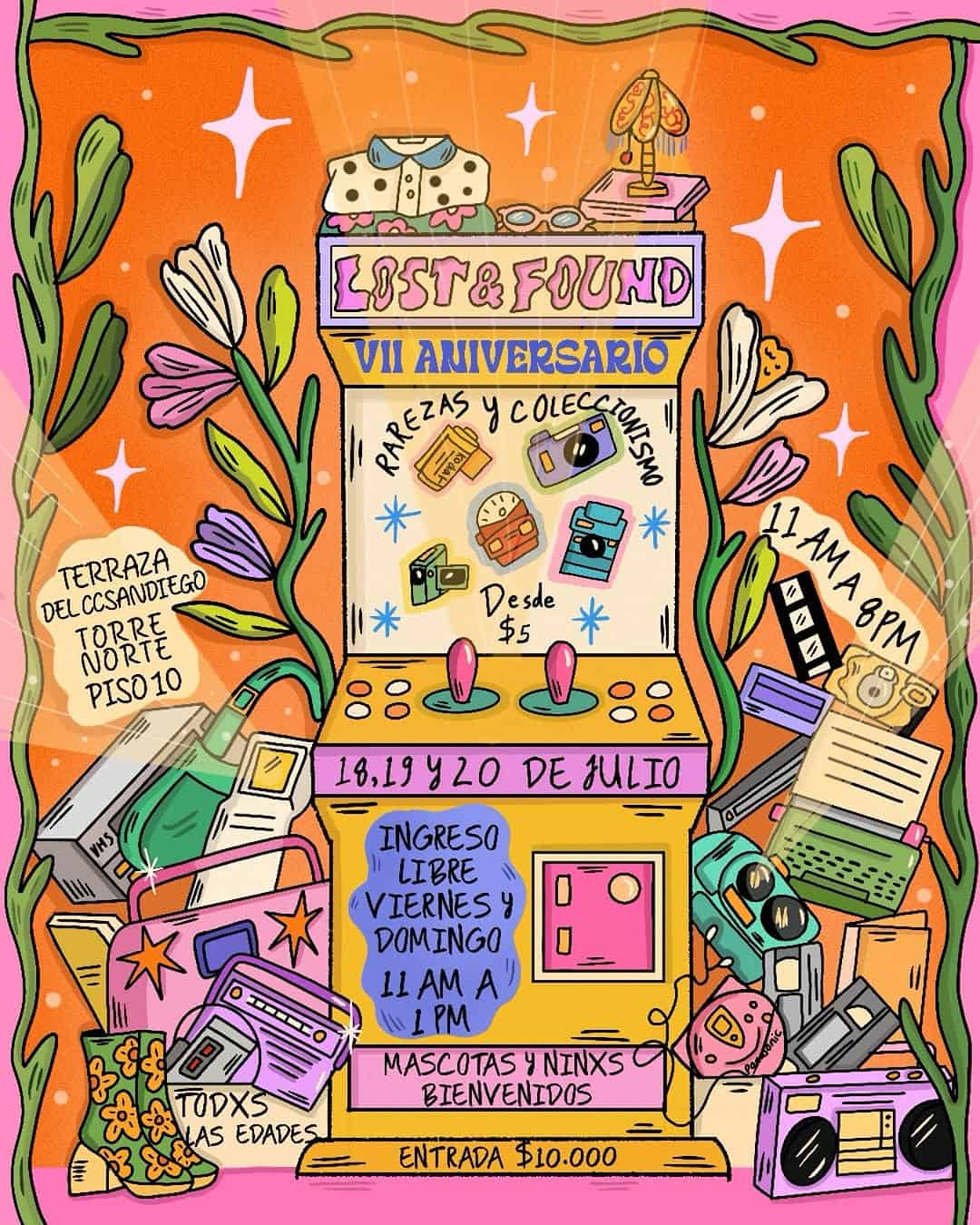 Ningún, una ilustración colorida y divertida de un evento de segunda mano y colección de mascotas, con información sobre la fecha, hora y lugar, ideal para optimización SEO en eventos de coleccionismo y mercados de pulgas.