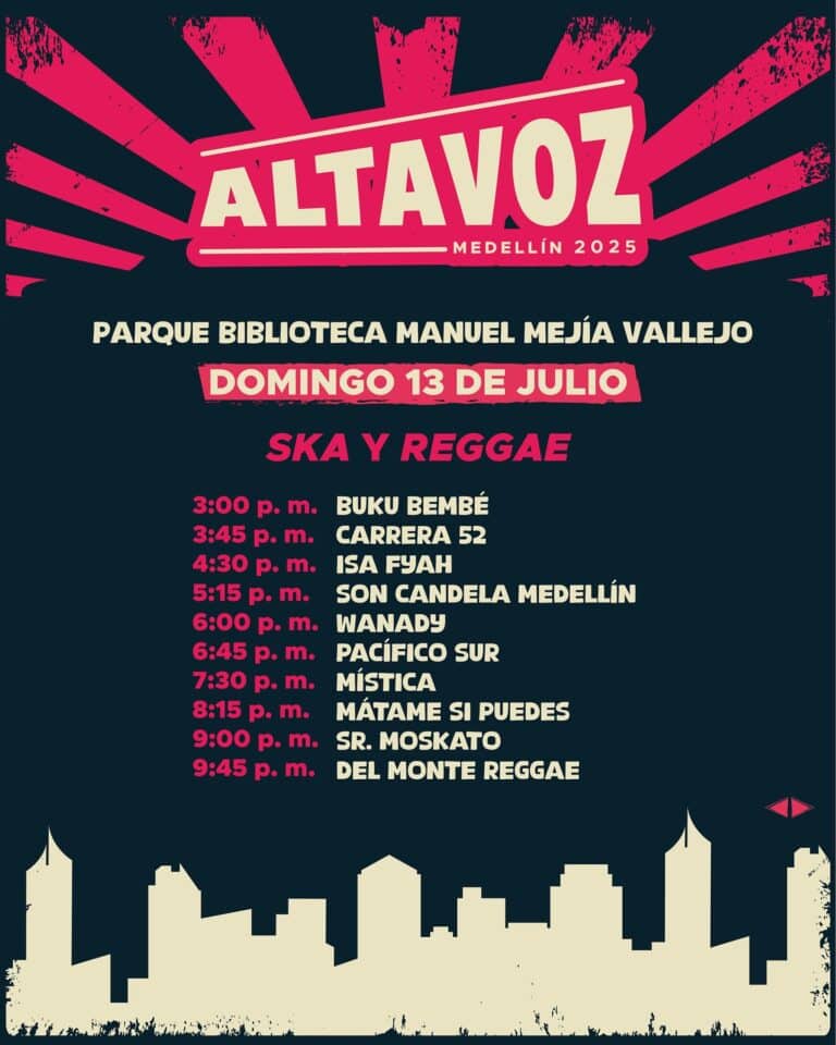 Alt text: Cartel de evento musical en Medellín con artistas de ska y reggae en Parque Biblioteca Manuel Mejía Vallejo el 13 de julio.