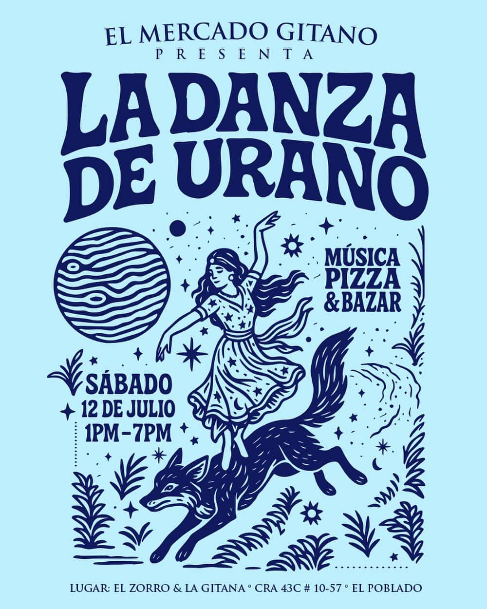Fiilfe de evento de música y cultura gitana en El Mercado Gitano, con danza, pizza y bazar en El Poblado, estilo artístico azul y blanco con ilustración de mujer bailando sobre un lobo en un ambiente nocturno.