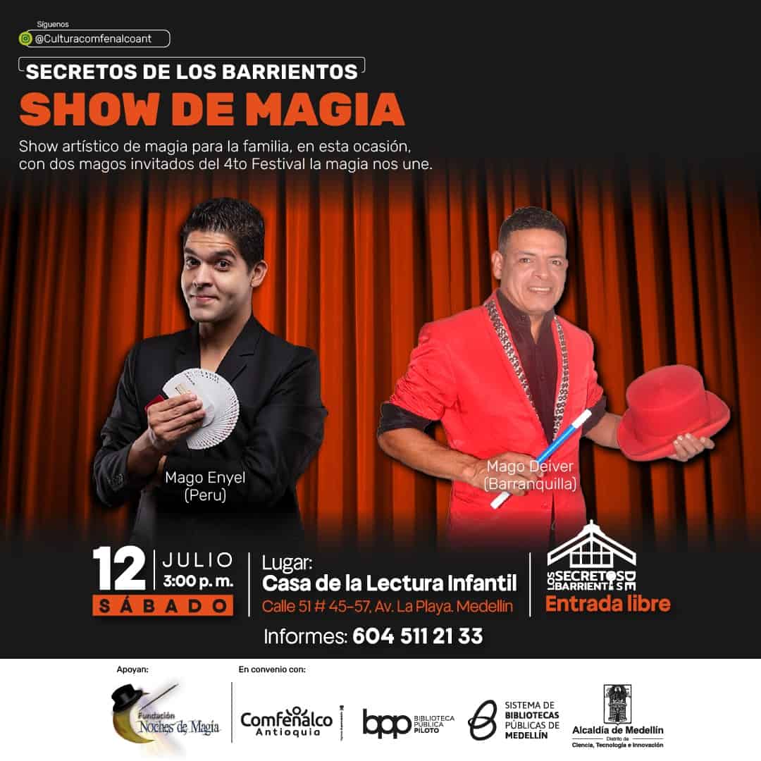 Magos de magia en evento infantil en Medellín, show artístico con magos invitados, entrada libre, en casa de la lectura infantil, apoyar en cultura y entretenimiento familiar.