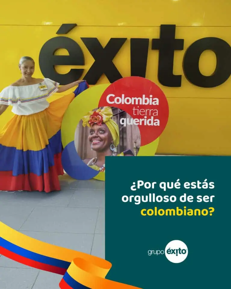 Colombia, orgoglio culturale, donna in abito tradizionale colombiano, promozione del turismo e della cultura, immagine rappresentativa della Colombia in un evento di successo.
