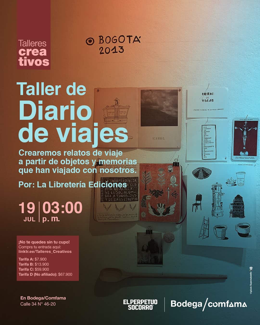 Diario de viajes, taller creativo de escritura, creación de relatos, objetos y memorias de viajes, evento en Bogotá, evento de escritura, talleres culturales, actividades creativas, educación artística.