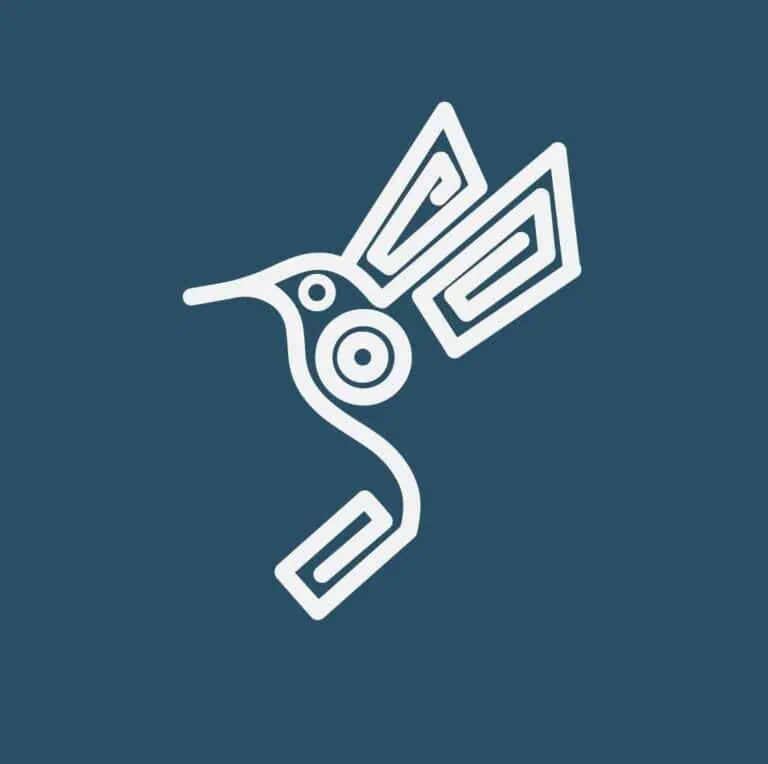 深青色背景上的几何图案蜂鸟图标，代表活动组织中的创造力、创新和技术。