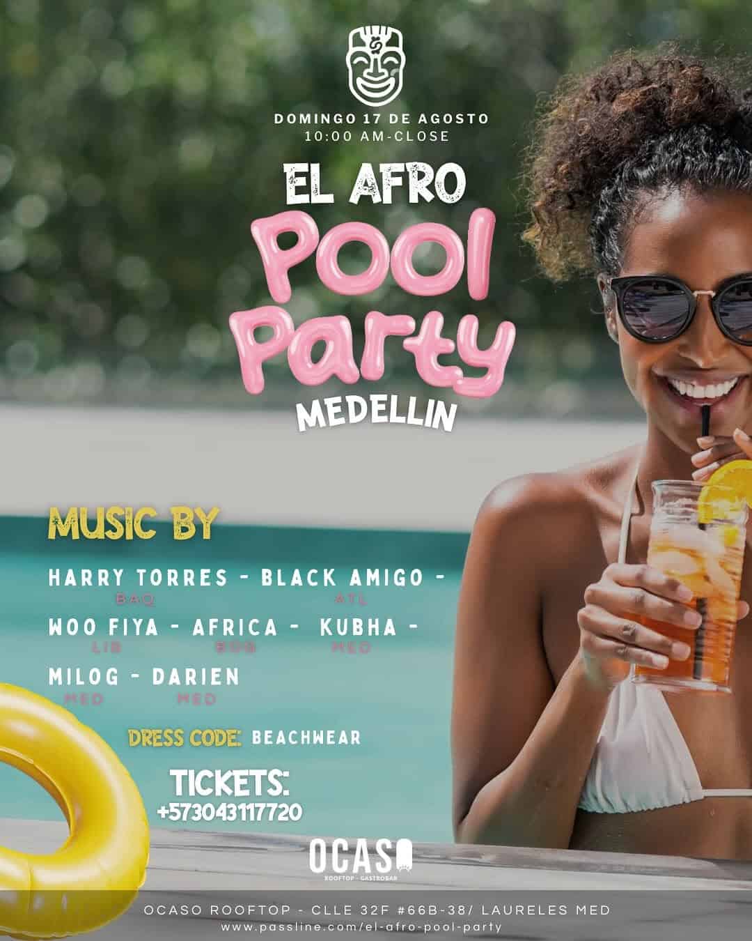 Fi la imagen de una mujer disfrutando una bebida en una piscina, promocionando la fiesta temática de El Afro Pool Party en Medellín, con música en vivo y ambiente de verano.